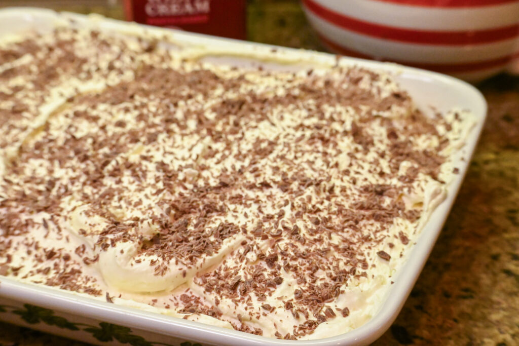 A closeup of a Chocolate Pudding dessert on a kitchen counter.