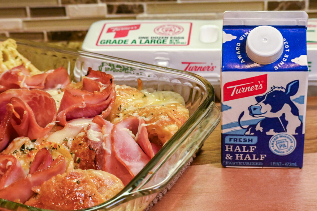 Croissant Bake with Turner's Half & Half and Turner's Large Eggs in a kitchen setting.